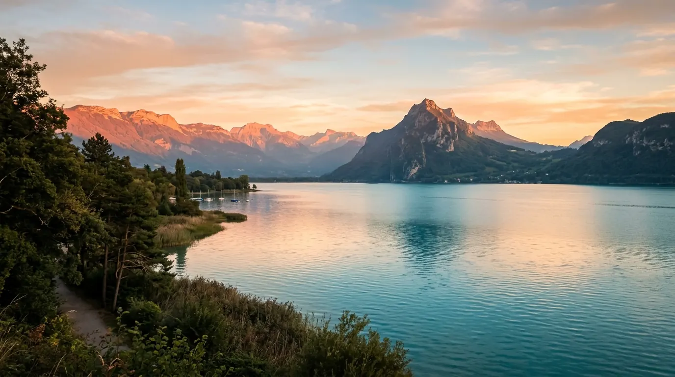Le lac du Bourget et la Dent du Chat au coucher du soleil