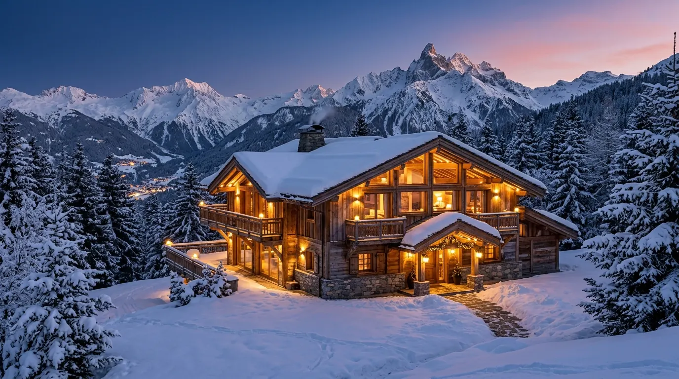 Chalet de luxe à Courchevel au crépuscule, sous la neige