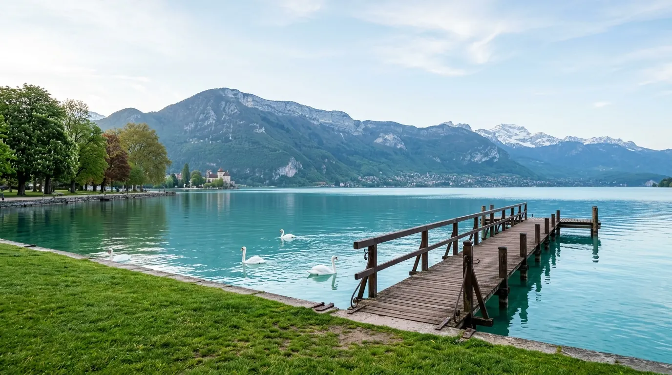 Le lac d'Annecy et les Alpes au petit matin